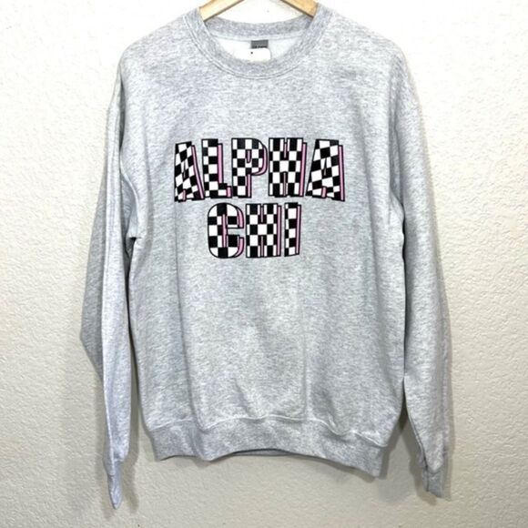 Alpha Chi Sorority Custom Sweatshirt Grey Checkered Spell Out Size M - Picture 12 of 12